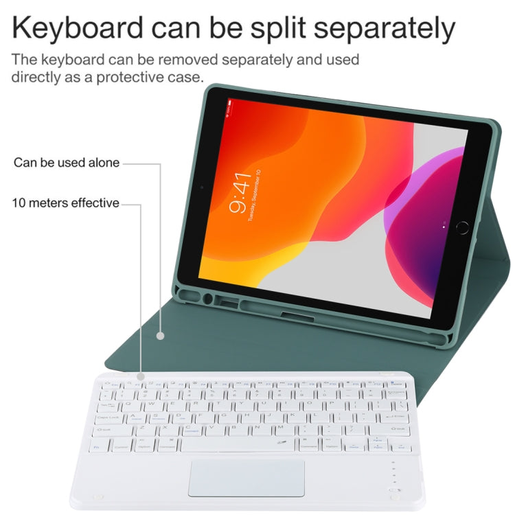 TG-102BC Detachable Bluetooth White Keyboard + Microfiber Leather Tablet Case for iPad 10.2 inch / iPad Air (2019), with Touch Pad & Pen Slot & Holder, White Keyboard