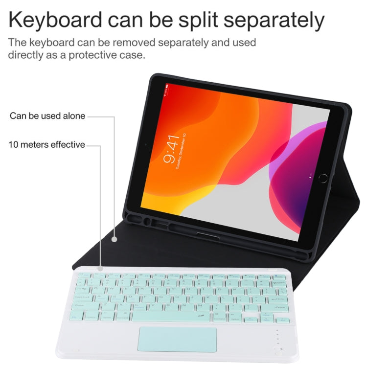 Clavier Bluetooth vert détachable TG-102BC + étui en cuir microfibre pour iPad 10,2 pouces / iPad Air (2019), avec pavé tactile, emplacement pour stylet et support, clavier vert