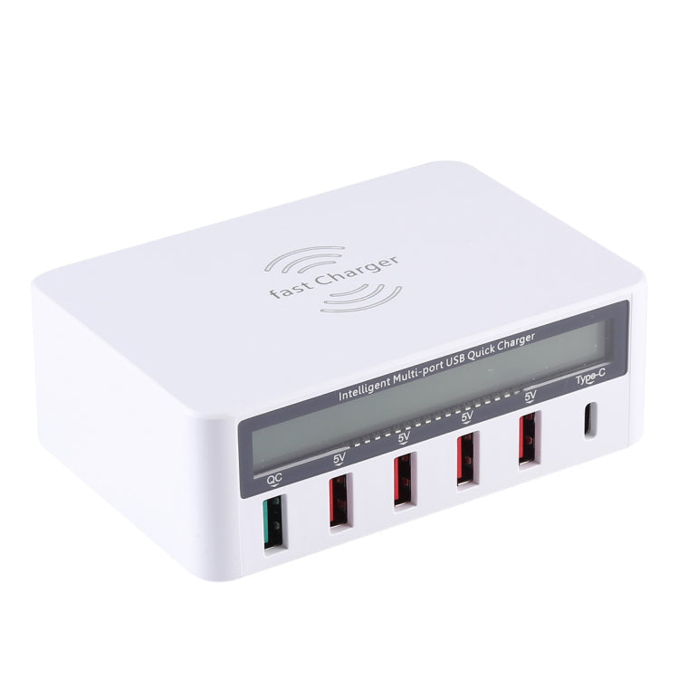 Chargeur sans fil 6 en 1 WLX-818F 10 W QC3.0 + USB-C / Type-C + 4 ports USB avec écran LCD intelligent, prise UE/AU (blanc)