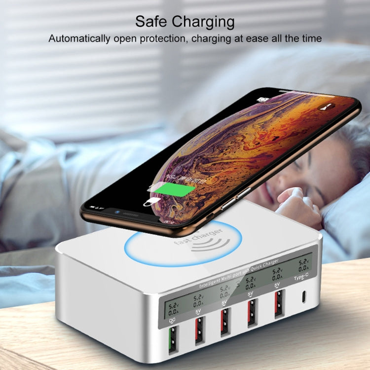 Chargeur sans fil 6 en 1 WLX-818F 10 W QC3.0 + USB-C / Type-C + 4 ports USB avec écran LCD intelligent, prise UE/AU (blanc)