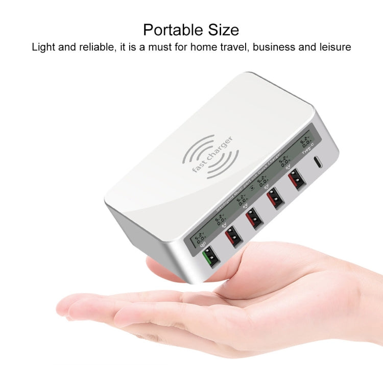 Chargeur sans fil 6 en 1 WLX-818F 10 W QC3.0 + USB-C / Type-C + 4 ports USB avec écran LCD intelligent, prise UE/AU (blanc)