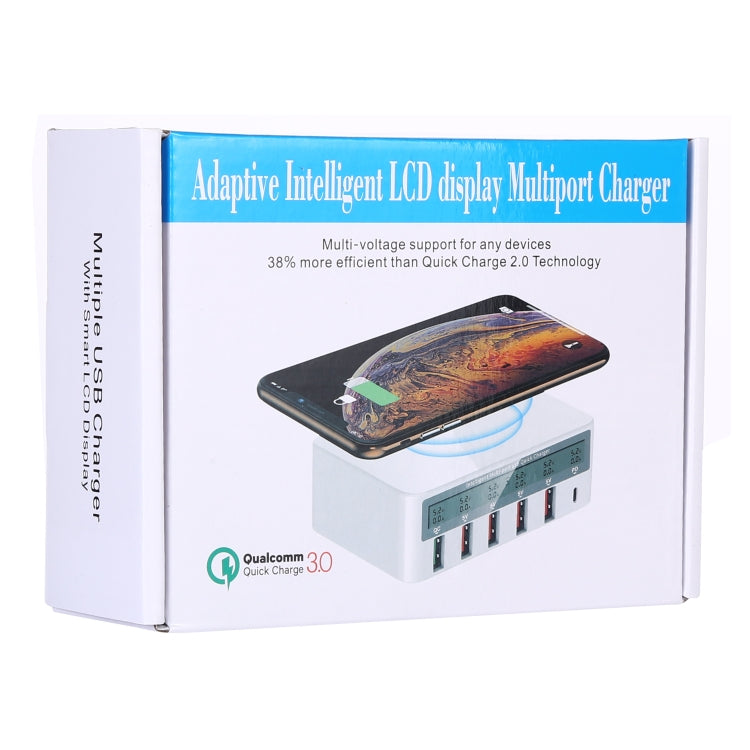 Chargeur sans fil 6 en 1 WLX-818F 10 W QC3.0 + USB-C / Type-C + 4 ports USB avec écran LCD intelligent, prise UE/AU (blanc)