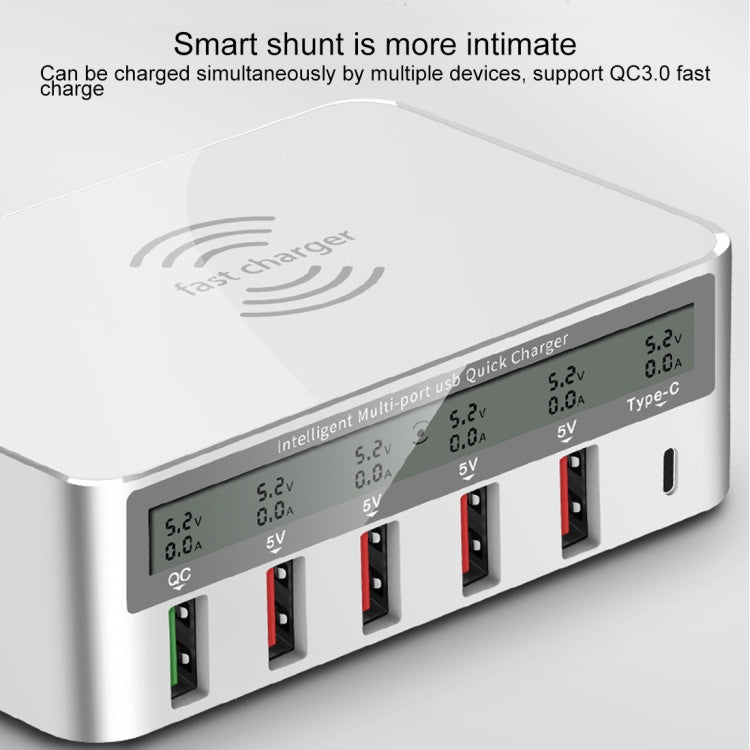 Chargeur sans fil 6 en 1 WLX-818F 10 W QC3.0 + USB-C / Type-C + 4 ports USB avec écran LCD intelligent, prise UE/AU (blanc)