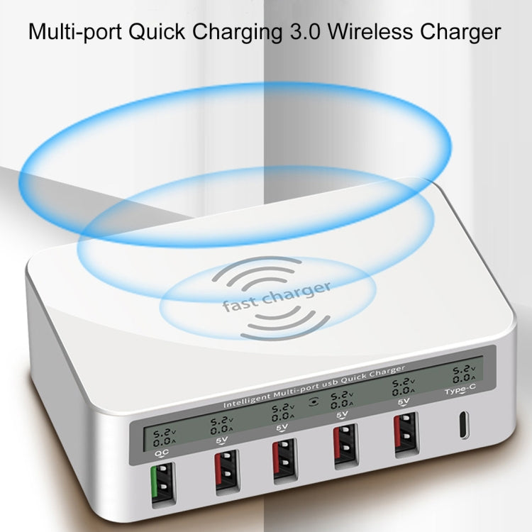 Chargeur sans fil 6 en 1 WLX-818F 10 W QC3.0 + USB-C / Type-C + 4 ports USB avec écran LCD intelligent, prise UE/AU (blanc)