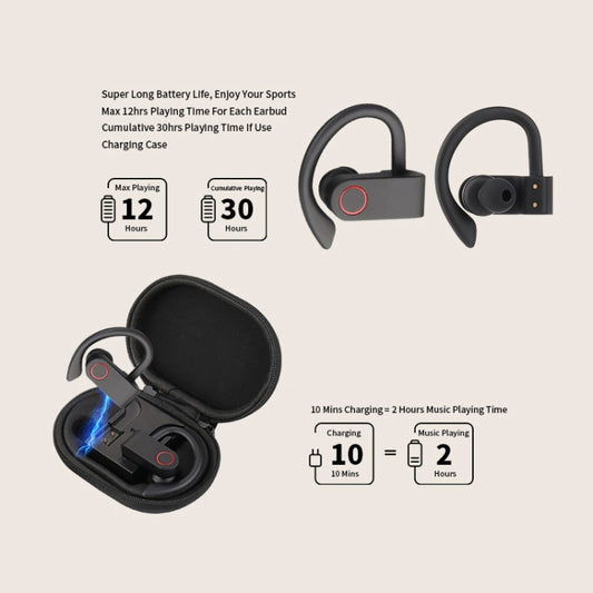 Close-up of JHO-A9 Bluetooth earbud with ergonomic hanging ear hook design
