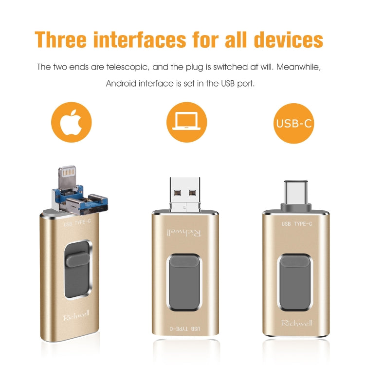 Clé USB 32 Go Richwell 3 en 1 Type-C + 8 broches + USB 3.0 en métal avec fonction OTG