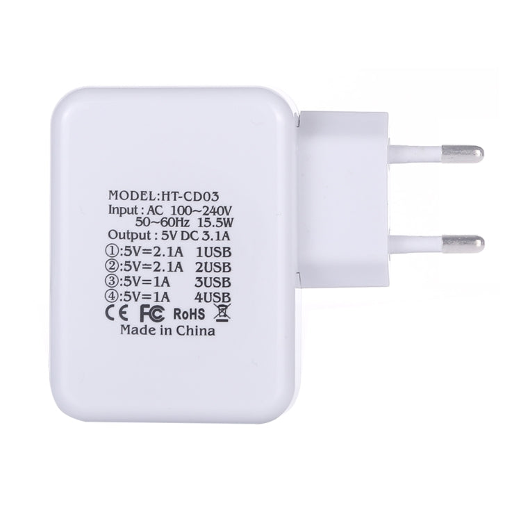 HT-CD03 15.5W 5V 3.1A 4-Port USB Wall Charger Travel Charger, EU Plug, HT-CD03