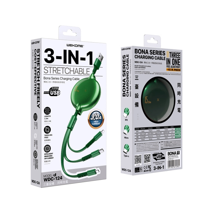 WK WDC-124 3A 3 In 1 8 Pin + Type-C / USB-C + Micro USB Bona Series Telescopic Charging Data Cable, Length: 1.5m