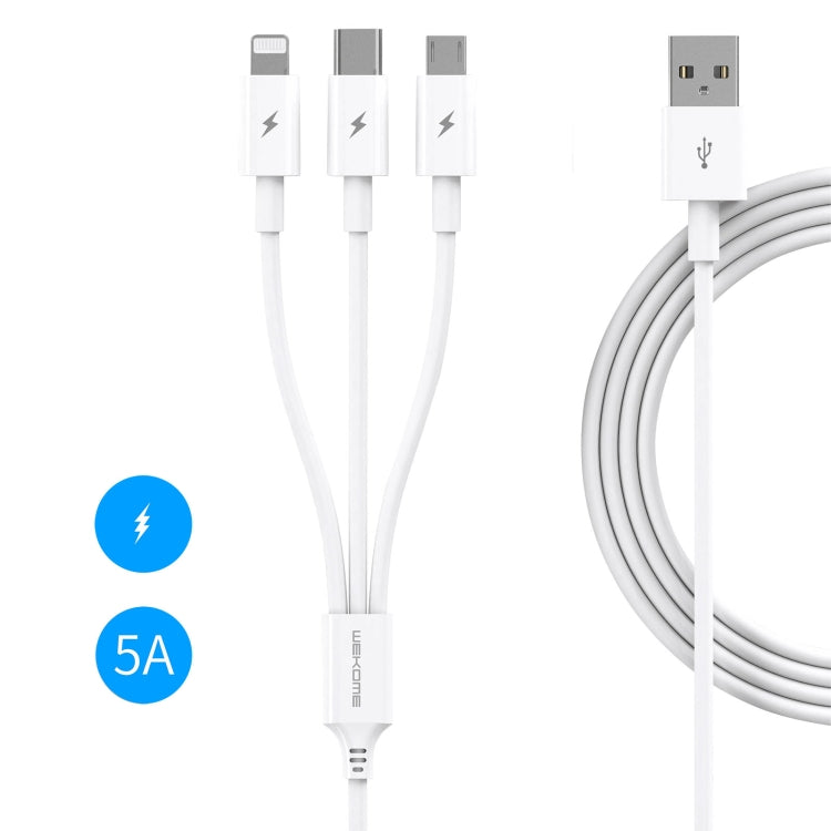 Câble de charge ultra-rapide multifonction WK WDC-111 5A 3 en 1 8 broches + Micro + Type-C / USB-C, longueur : 1,3 m