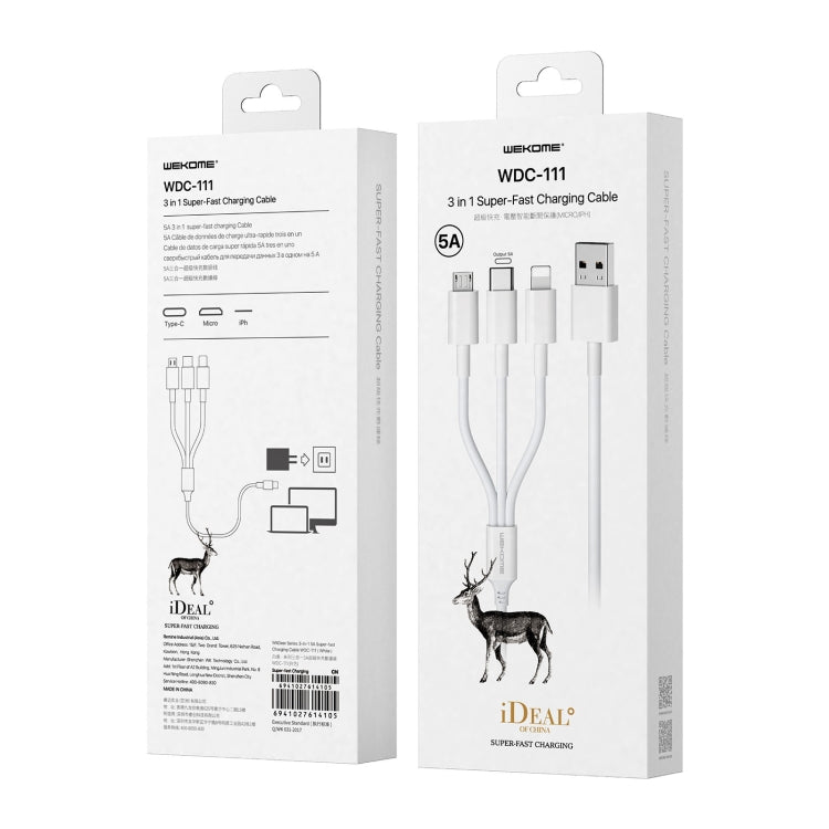 Câble de charge ultra-rapide multifonction WK WDC-111 5A 3 en 1 8 broches + Micro + Type-C / USB-C, longueur : 1,3 m
