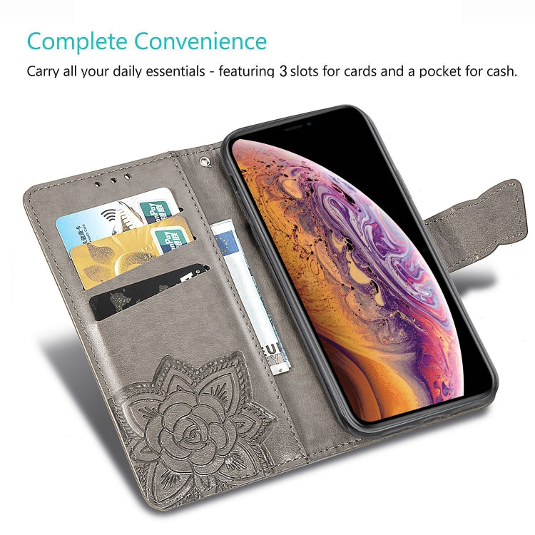 Étui à rabat horizontal en cuir avec motif papillon et fleurs en relief, avec support, emplacements pour cartes, portefeuille et cordon, pour iPhone X