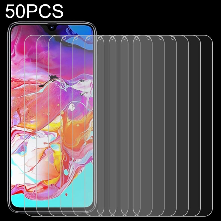 Lot de 50 films en verre trempé 9H 2.5D (0,26 mm) pour Galaxy A70, sans emballage de vente au détail.