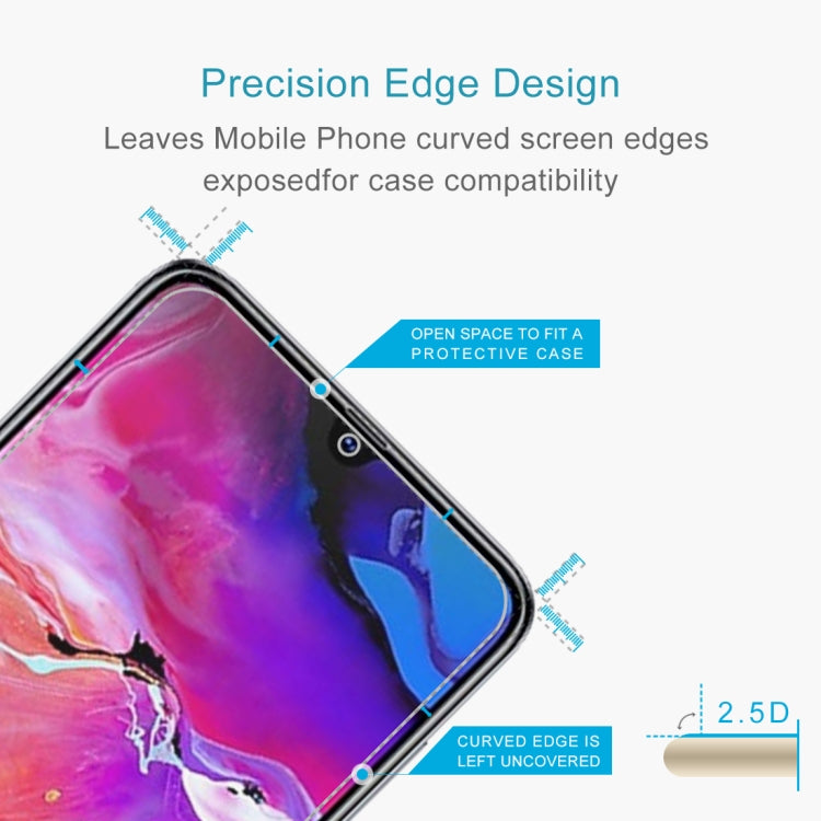 Lot de 50 films en verre trempé 9H 2.5D (0,26 mm) pour Galaxy A70, sans emballage de vente au détail.