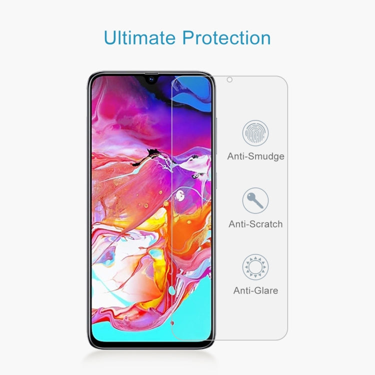 Lot de 50 films en verre trempé 9H 2.5D (0,26 mm) pour Galaxy A70, sans emballage de vente au détail.
