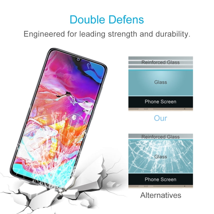 Lot de 50 films en verre trempé 9H 2.5D (0,26 mm) pour Galaxy A70, sans emballage de vente au détail.