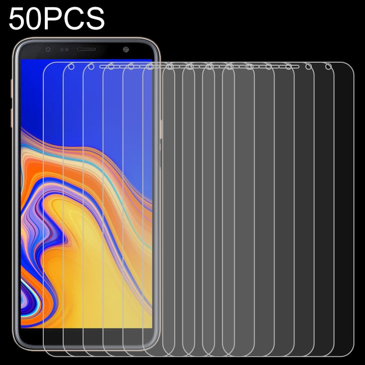Lot de 50 films en verre trempé 9H 2.5D (0,26 mm) pour Galaxy J4+, sans emballage de vente au détail.