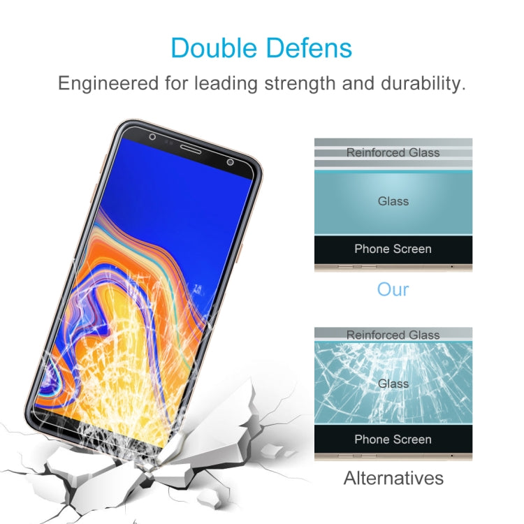 Lot de 50 films en verre trempé 9H 2.5D (0,26 mm) pour Galaxy J4+, sans emballage de vente au détail.
