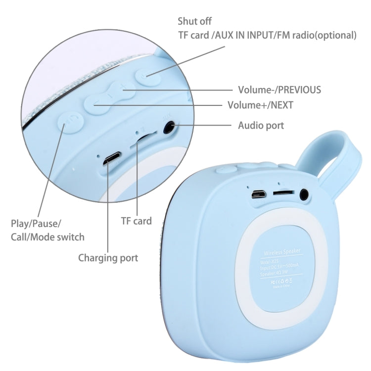 Enceinte stéréo Bluetooth portable X25 en tissu avec microphone intégré, prise en charge des appels mains libres, carte TF et entrée auxiliaire, distance Bluetooth : 10 m