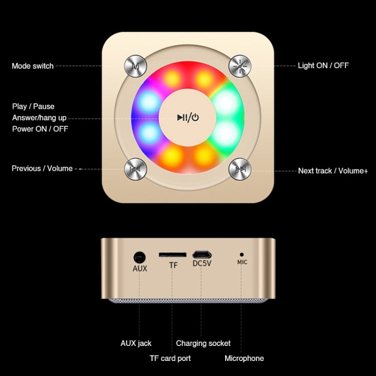 Enceinte stéréo Bluetooth portable A9 avec microphone et éclairage intégrés, prise en charge des appels mains libres, carte TF et entrée auxiliaire, portée Bluetooth : 10 m, avec éclairage (doré), avec éclairage (noir), avec éclairage (or rose)
