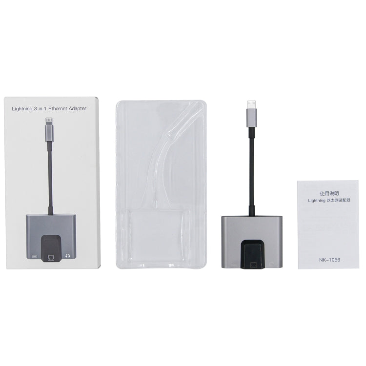 NK-1056 3 in 1 8 Pin Male to 8 Pin Charging + RJ45 Ethernet + 3.5mm Earphone Female Adapter, NK-1056