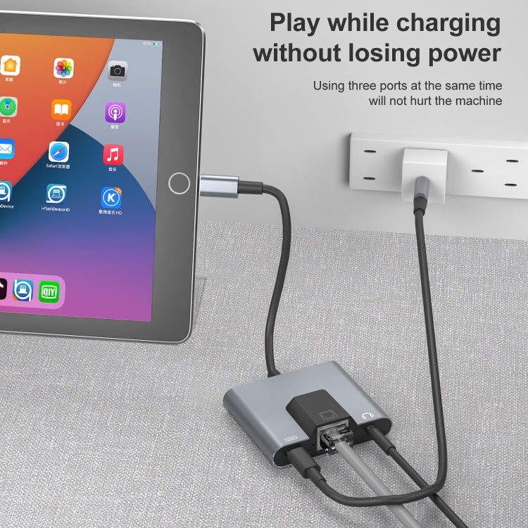 NK-1056 3 in 1 8 Pin Male to 8 Pin Charging + RJ45 Ethernet + 3.5mm Earphone Female Adapter, NK-1056