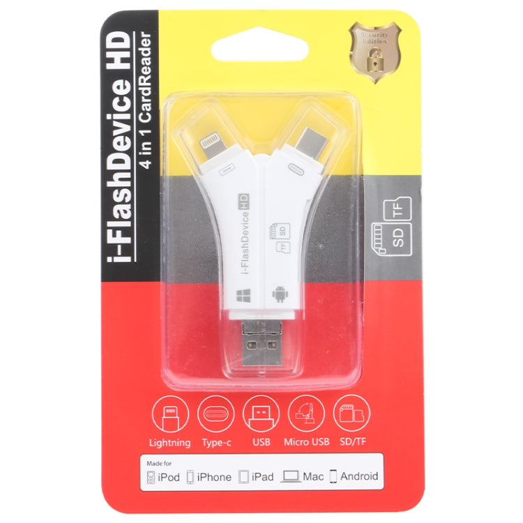 NK-908 4 in 1 i-Flash Y-shaped TF Card / SD Card Reader For 8 Pin + USB-C / Type-C + Micro USB + USB Devices, NK-908