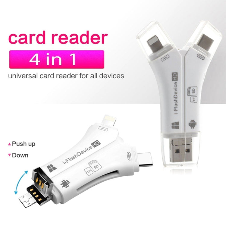 NK-908 4 in 1 i-Flash Y-shaped TF Card / SD Card Reader For 8 Pin + USB-C / Type-C + Micro USB + USB Devices, NK-908