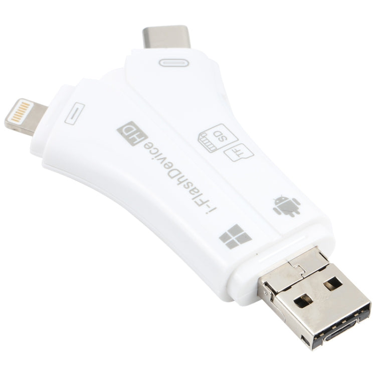 NK-908 4 in 1 i-Flash Y-shaped TF Card / SD Card Reader For 8 Pin + USB-C / Type-C + Micro USB + USB Devices, NK-908