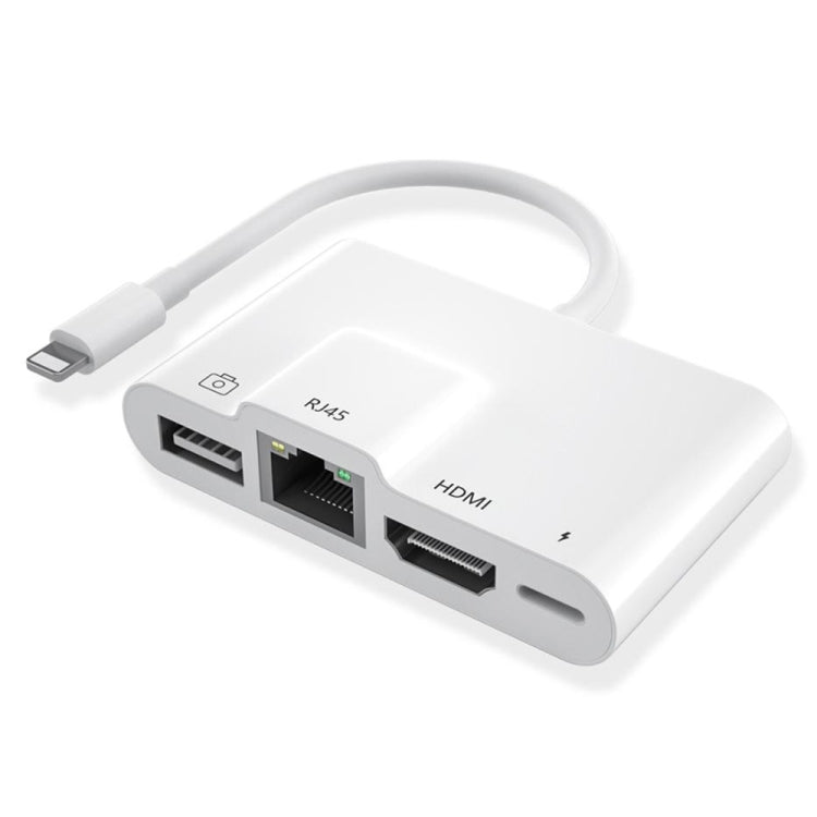 Adaptateur 4 en 1 8 broches mâle vers 8 broches d'alimentation + RJ45 Ethernet + HDMI + USB caméra femelle OTG AV numérique, RJ45 Ethernet