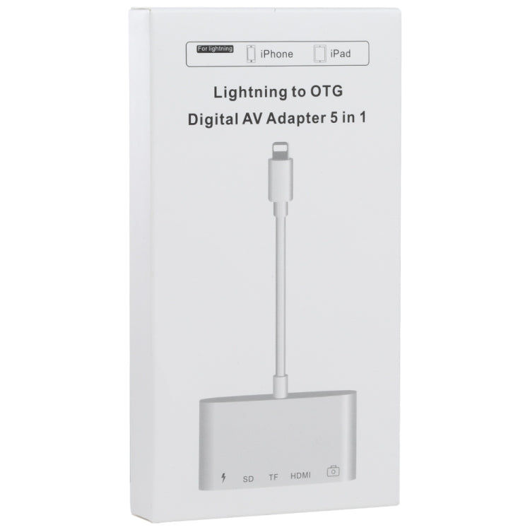 Adaptateur AV numérique OTG 5 en 1 8 broches mâle vers USB + HDMI + emplacement pour carte TF/SD + alimentation 8 broches femelle, emplacement pour carte TF/SD