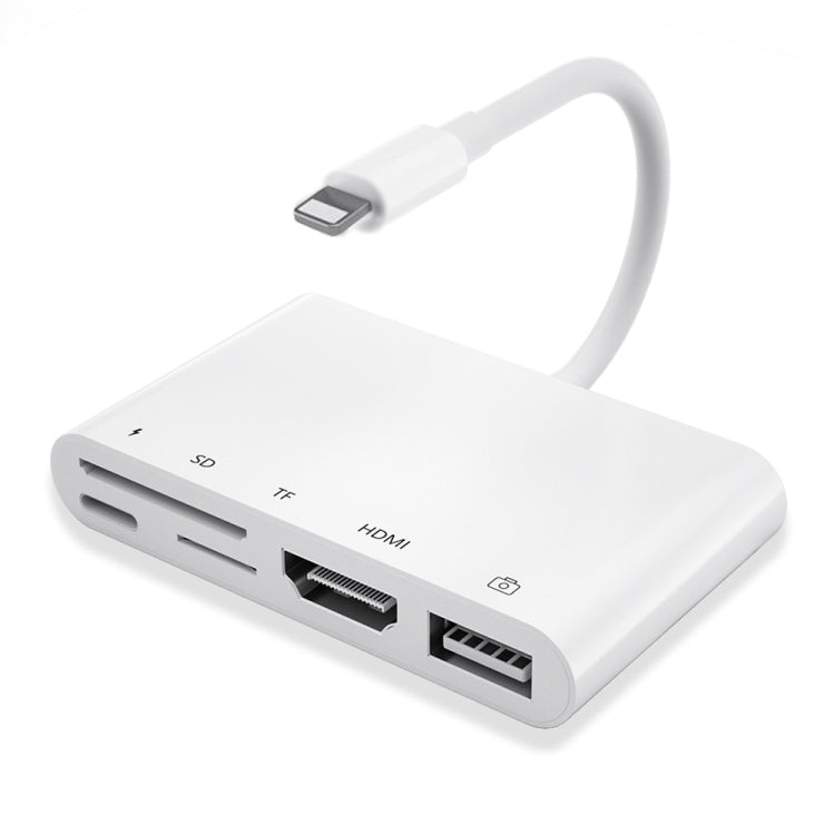 Adaptateur AV numérique OTG 5 en 1 8 broches mâle vers USB + HDMI + emplacement pour carte TF/SD + alimentation 8 broches femelle, emplacement pour carte TF/SD