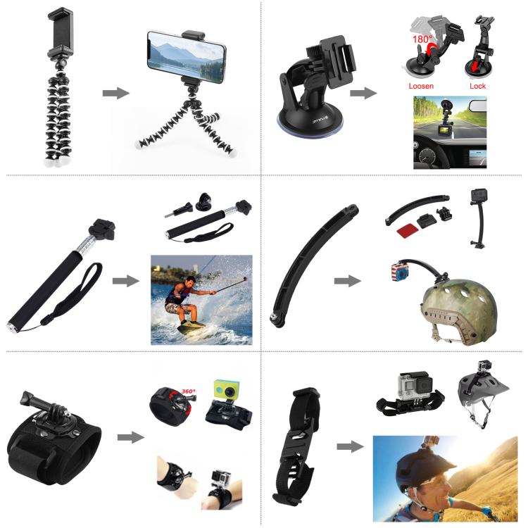 PULUZ 50 in 1 Accessories Total Ultimate Combo Kits with EVA Case (Chest Strap + Suction Cup Mount + 3-Way Pivot Arms + J-Hook Buckle + Wrist Strap + Helmet Strap + Extendable Monopod + Surface Mounts + Tripod Adapters + Storage Bag + Handlebar Mount) ...
