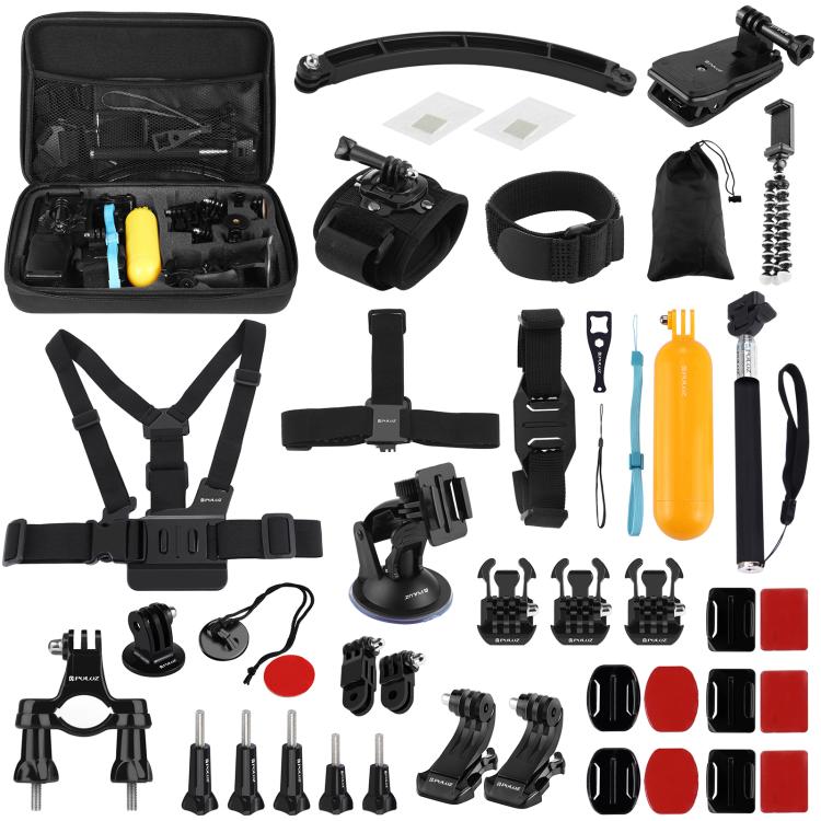PULUZ 50 in 1 Accessories Total Ultimate Combo Kits with EVA Case (Chest Strap + Suction Cup Mount + 3-Way Pivot Arms + J-Hook Buckle + Wrist Strap + Helmet Strap + Extendable Monopod + Surface Mounts + Tripod Adapters + Storage Bag + Handlebar Mount) ...