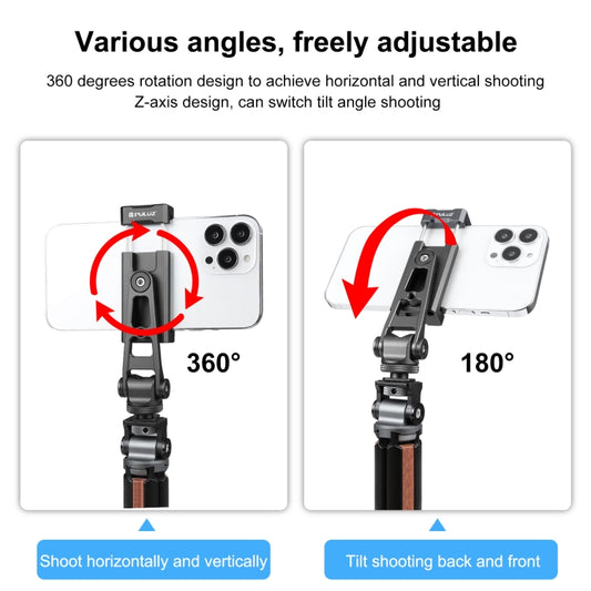 PULUZ cold shoe phone clamp bracket securing smartphone during video recording setup