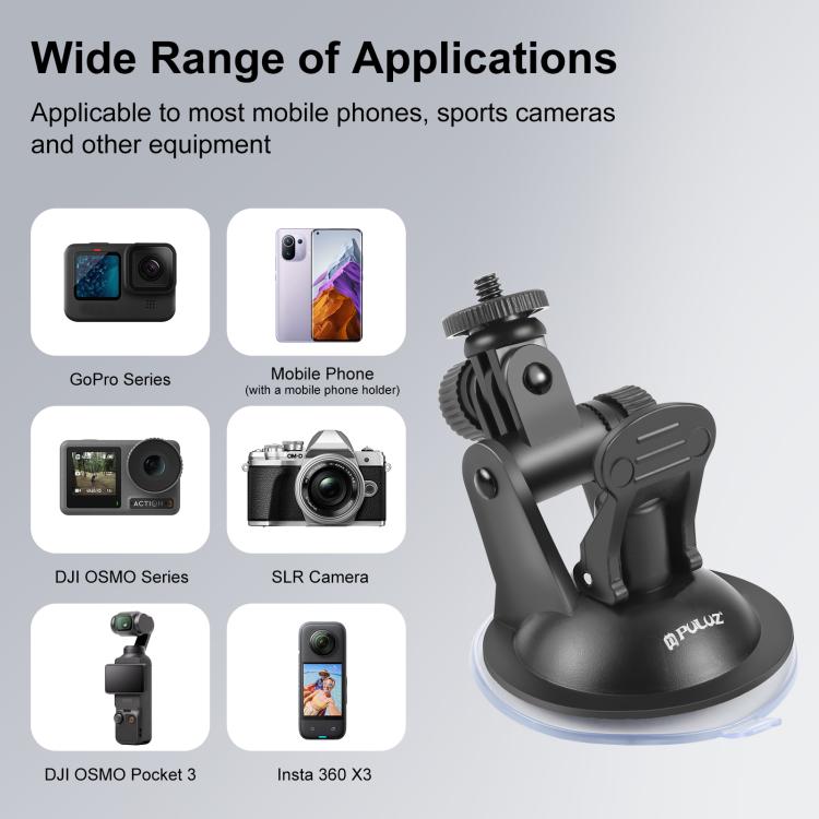 PULUZ Car Suction Cup Mount with Screw & Tripod Mount Adapter & Storage Bag for GoPro, Insta360, DJI and Other Action Cameras, Sucker Mount
