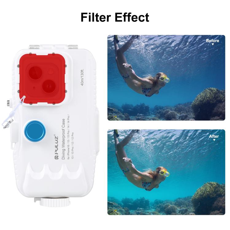PULUZ 40m/130ft Waterproof Diving Case for iPhone 16 / 15 / 15 Pro / 14 / 14 Pro / 13 / 13 Pro / 12 / 12 Pro, with One-way Valve Photo Video Taking Underwater Housing Cover, For iPhone 16 / 15 / 15 Pro