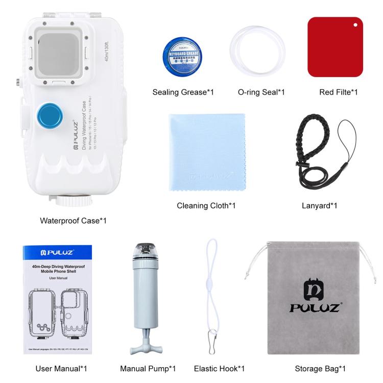 PULUZ 40m/130ft Waterproof Diving Case for iPhone 16 / 15 / 15 Pro / 14 / 14 Pro / 13 / 13 Pro / 12 / 12 Pro, with One-way Valve Photo Video Taking Underwater Housing Cover