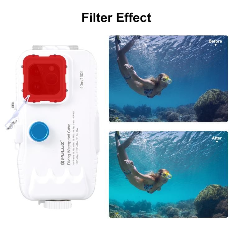 PULUZ 40m/130ft Waterproof Diving Case for 15 Pro Max / 15 Plus / iPhone 14 Plus / 14 Pro Max / 13 Pro Max / 12 Pro Max / 11 Pro Max, with One-way Valve Photo Video Taking Underwater Housing Cover