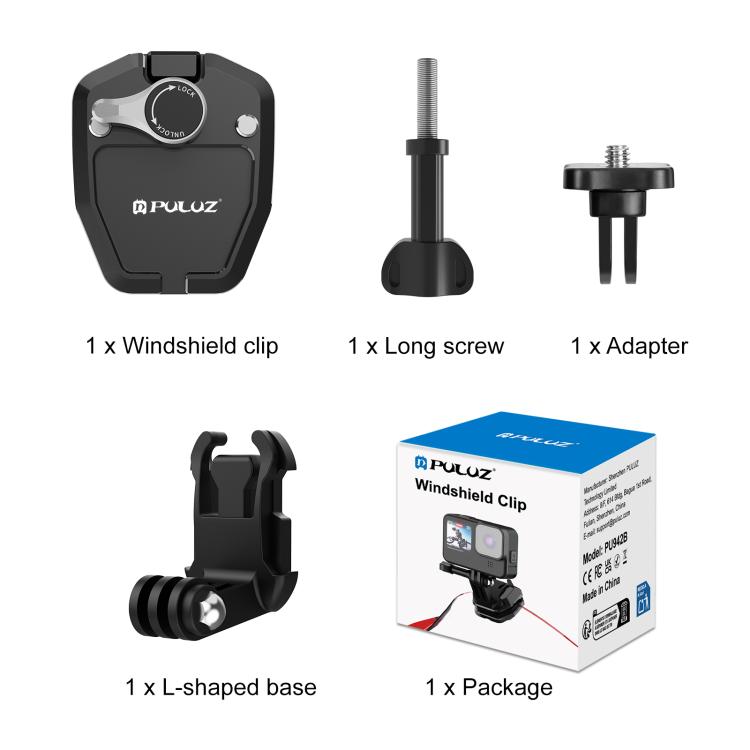 PULUZ Motorcycle Windshield Action Camera Mount Clip for GoPro Hero12 Black / DJI Osmo Action 4 / Insta360 X4 / Ace Pro and Other Action Cameras, Windshield Mount Clip