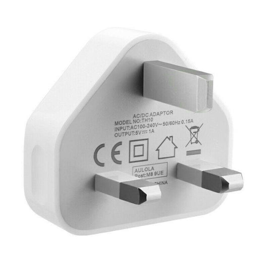 UK three-pin mains plug connection on lightweight 5V charger unit