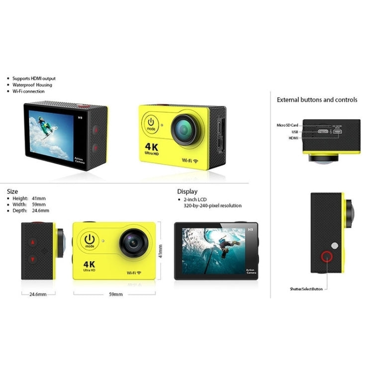 H9 4K Ultra HD1080P 12MP 2 inch LCD Screen WiFi Sports Camera, 170 Degrees Wide Angle Lens, 30m Waterproof, H9 4K (Yellow), H9 4K (White), H9 4K (Silver), H9 4K (Blue), H9 4K (Gold), H9 4K (Pink), H9 4K (Black)