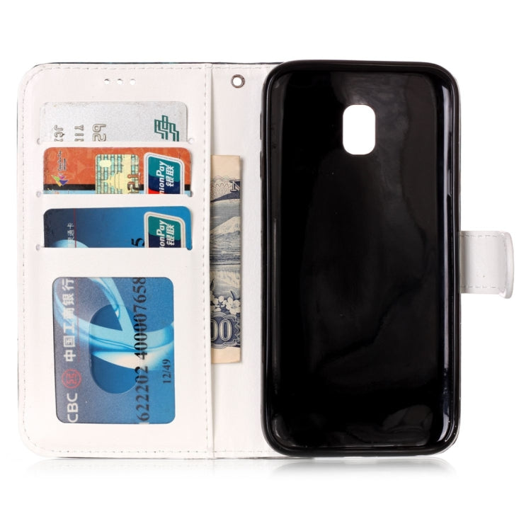 Étui à rabat horizontal en cuir brillant gaufré pour Galaxy J3 (2017) (version UE) avec support, emplacements pour cartes, portefeuille et cadre photo.