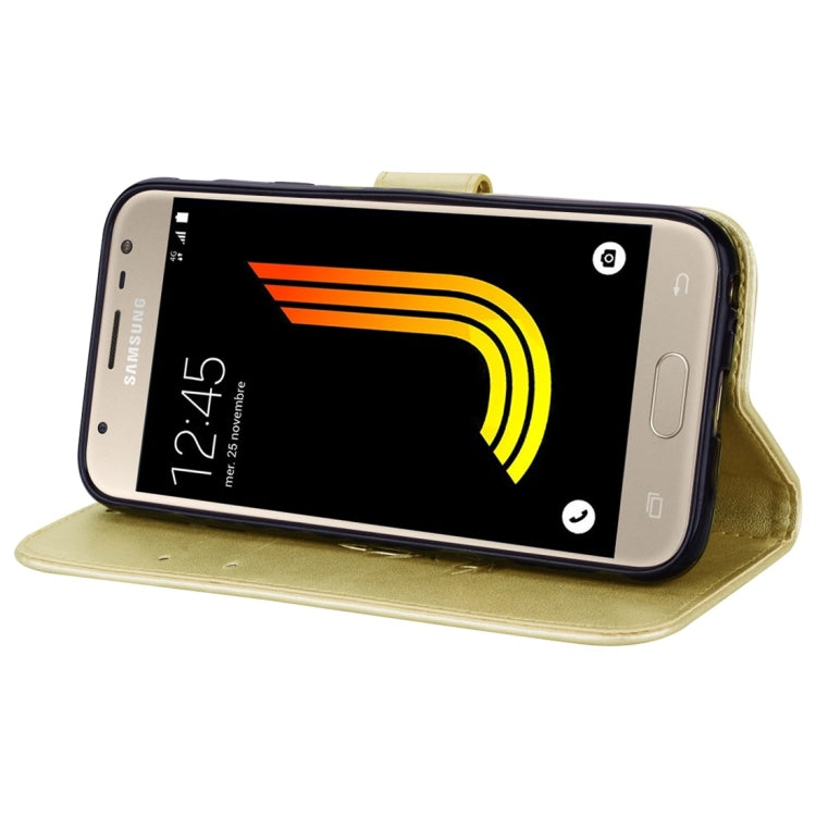 Étui à rabat horizontal en cuir avec motif de roses pressées et porte-cartes pour Samsung Galaxy J3 (2017) / J330 (version UE)