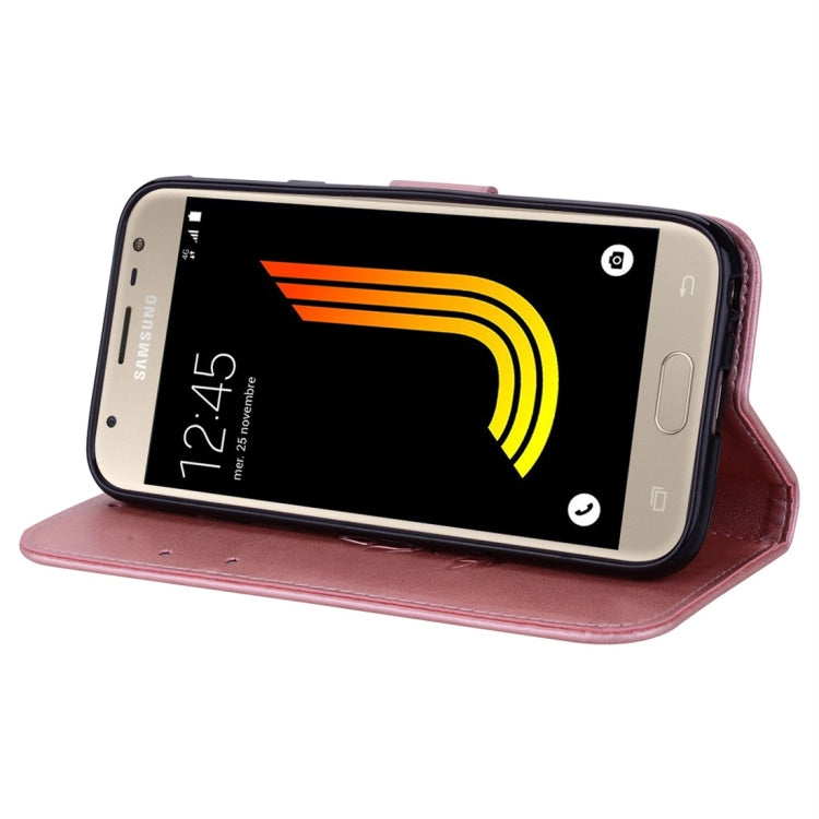 Étui à rabat horizontal en cuir avec motif de roses pressées et porte-cartes pour Samsung Galaxy J3 (2017) / J330 (version UE)