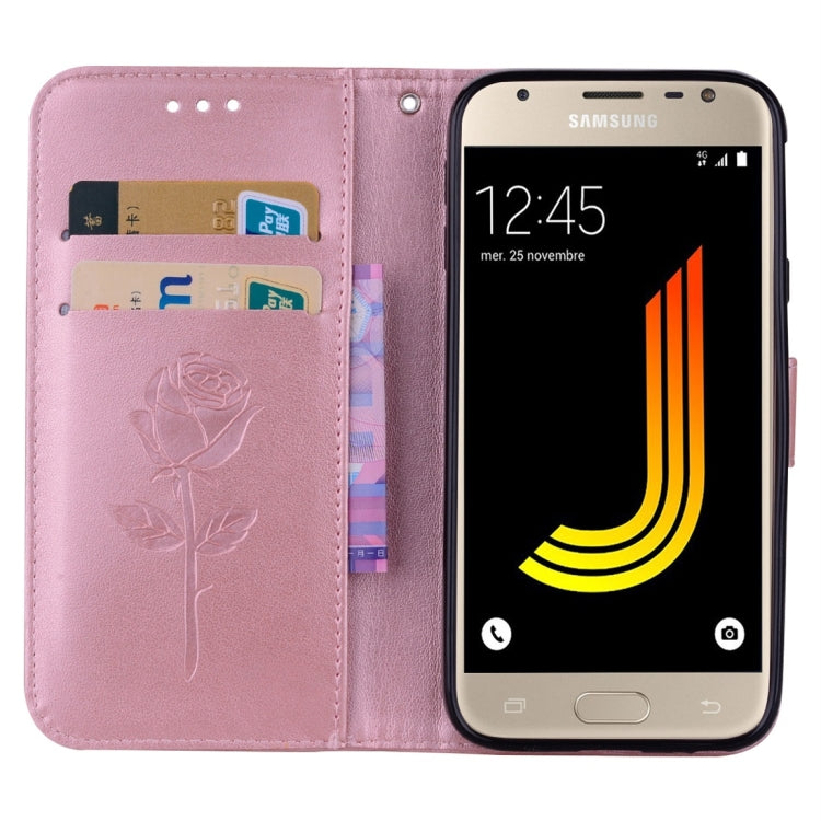 Étui à rabat horizontal en cuir avec motif de roses pressées et porte-cartes pour Samsung Galaxy J3 (2017) / J330 (version UE)