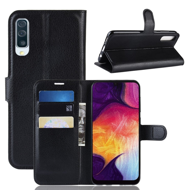 Étui à rabat horizontal en cuir texturé Litchi pour Galaxy A50, avec portefeuille, support et emplacements pour cartes, pour Galaxy A50 (1), pour Galaxy A50 (1)