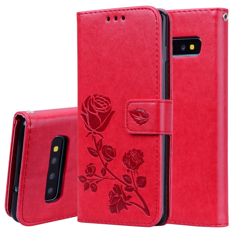Étui à rabat horizontal en cuir PU avec motif rose en relief pour Galaxy S10 Plus, avec support, emplacements pour cartes et portefeuille. Pour Samsung Galaxy S10 Plus