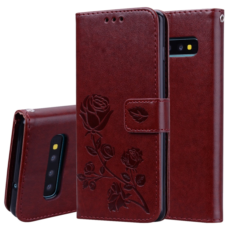 Étui à rabat horizontal en cuir PU avec motif rose en relief pour Galaxy S10 Plus, avec support, emplacements pour cartes et portefeuille. Pour Samsung Galaxy S10 Plus