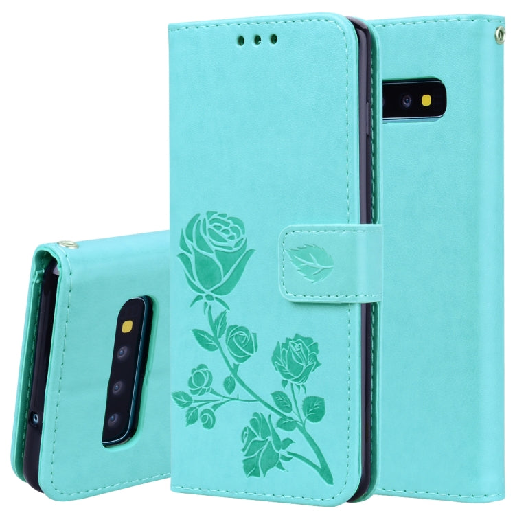 Étui à rabat horizontal en cuir PU avec motif rose en relief pour Galaxy S10, avec support, emplacements pour cartes et portefeuille. Pour Samsung Galaxy S10