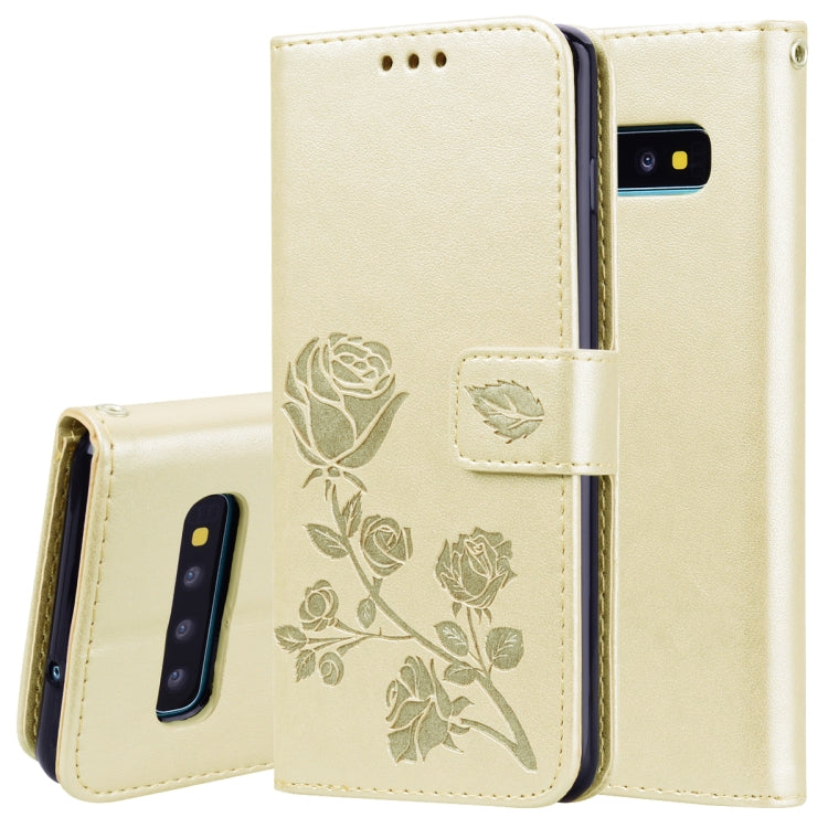 Étui à rabat horizontal en cuir PU avec motif rose en relief pour Galaxy S10, avec support, emplacements pour cartes et portefeuille. Pour Samsung Galaxy S10